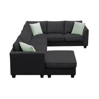 112" x 87" 7-Seater Modular Sofa with Ottoman and 3 Pillows, L-Shaped Fabric Couch Set, Modern Living Room Furniture, Black(m-12)