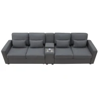 114.5" Modern Linen Fabric Upholstered Sofa with Console, 2 Cupholders, USB Ports, 4 Pillows, 4-Seat, 114.5″ L x 33″ W x 35″ H, Dark Gray(m-2)