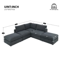 93" Modern Sectional Sofa with Convertible Ottomans and Vertical Stripes, 5-Seat L-Shape Armless Couch Set for Living Room, Dark Gray(m-3)