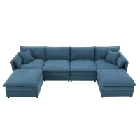 134" Chenille Modular Sectional 6 Seat Sleeper Sofa Bed with Ottomans, Double Cushions, for Living Room, 134″ L x 66″ W x 35″ H, Blue(m-2)