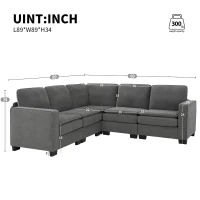 89" L-Shaped Upholstered Indoor Furniture with Double Cushions, 5-Seat Cloud Corner Couch for Living Room, 89″ L x 89″ W x 34″ H, Gray(m-3)