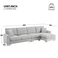 119" x 55" Modern Oversized Sectional Sofa with 2 Free Pillows and Chaise, L-Shaped 5-Seat Chenille Indoor Furniture for Living Room, Light Gray(m-3)