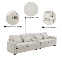 114.5" Modern Linen Fabric Upholstered Sofa with Console, 2 Cupholders, USB Ports, 4 Pillows, 4-Seat, 114.5″ L x 33″ W x 35″ H, Beige(m-4)