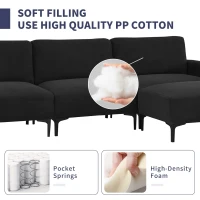 103.5" Modern L-Shaped 4-Seat Velvet Fabric Sectional Sofa Set with Convertible Ottoman, Freely Combinable for Living Room, Black(m-5)