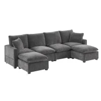 110" Modern U Shape Modular Sofa with 2 Pillows, 6 Seat Chenille Sectional Couch Set, Freely Combinable, 110″ L x 57″ W x 37″ H, Black+Gray(m-13)