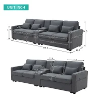 114.5" Modern Linen Fabric Upholstered Sofa with Console, 2 Cupholders, USB Ports, 4 Pillows, 4-Seat, 114.5″ L x 33″ W x 35″ H, Dark Gray(m-3)