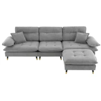 106" L-Shaped Convertible Tufted Sectional Sofa with 4-Seat, Adjustable Legs, Movable Ottoman for Living Room, 106″ L x 66.5″ W x 34″ H, Gray(m-2)
