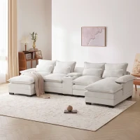 123" Modern U-Shaped 6-Seat Upholstered Sleeper Sofa Set with Console, Cupholders, USB Ports, and Chaise, 123″ L x 55″ W x 33″ H, White(m-1)
