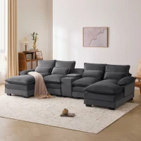 123" Modern U-Shaped 6-Seat Upholstered Sleeper Sofa Set with Console, Cupholders, USB Ports, and Chaise, 123″ L x 55″ W x 33″ H, Gray(m-1)
