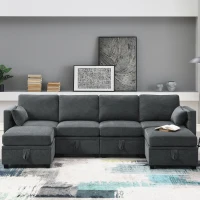 109" U-Shaped Chenille Modular Sectional Sofa with Adjustable Armrests and Backrests, 6-Seat Reversible Sofa, 109″ L x 55″ W x 33″ H, Grey(m-1)