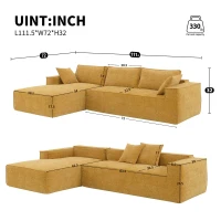 Minimalist Modular Sectional Sofa, Wrinkle-Resistant Chenille, L-Shaped Sleeper, No Assembly Required, 111.5" L x 72" W x 32" H, Yellow(m-3)