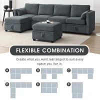 109" U-Shaped Chenille Modular Sectional Sofa with Adjustable Armrests and Backrests, 6-Seat Reversible Sofa, 109″ L x 55″ W x 33″ H, Grey(m-9)