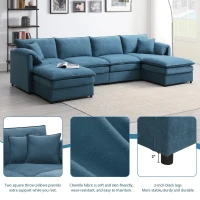 134" Chenille Modular Sectional 6 Seat Sleeper Sofa Bed with Ottomans, Double Cushions, for Living Room, 134″ L x 66″ W x 35″ H, Blue(m-4)