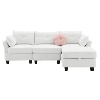 92" x 63" Modern L-Shaped Teddy Velvet Sectional Sofa with Charging Ports, Storage Ottoman and 3 Pillows, for Living Room, Beige(m-2)