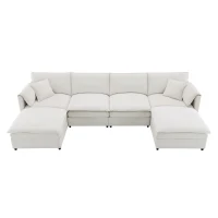 134" Chenille Modular Sectional 6 Seat Sleeper Sofa Bed with Ottomans, Double Cushions, for Living Room, 134″ L x 66″ W x 35″ H, Cream(m-2)