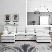 Modern U-Shaped 6-Seat Sectional Sofa with Chaise Lounge, Upholstered Sleeper Couch with Waist Pillows, 110″ L x 55″ W x 33″ H, White(m-1)
