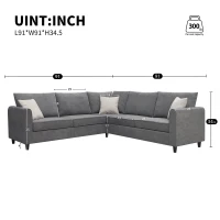 91" x 91" Modern Upholstered Living Room Sectional Sofa, L Shape Couch with 3 Pillows, Easy Assembly, 91″ L x 91″ W x 33.5″ H, Gray(m-3)