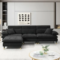 106" L-Shaped Convertible Tufted Sectional Sofa with 4-Seat, Adjustable Legs, Movable Ottoman for Living Room, 106″ L x 66.5″ W x 34″ H, Black(m-9)