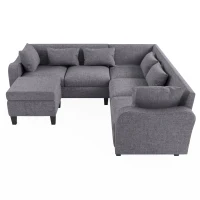 87" Modern Sectional Sofa with Coffee Table, Ottoman, Armrests, 6 Pillows, 6-Seat Couch for Living Room, 87″ L x 87″ W x 30″ H, Gray(m-12)