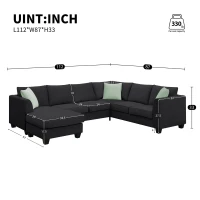 112" x 87" 7-Seater Modular Sofa with Ottoman and 3 Pillows, L-Shaped Fabric Couch Set, Modern Living Room Furniture, Black(m-3)
