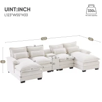 123" Modern U-Shaped 6-Seat Upholstered Sleeper Sofa Set with Console, Cupholders, USB Ports, and Chaise, 123″ L x 55″ W x 33″ H, White(m-3)