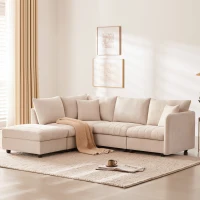 89" x 79" Modern Sectional Sofa with Vertical Stripes and 2 Pillows, 5-Seat Couch with Convertible Ottoman, for Living Room, Beige(m-1)