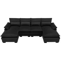 Modern U-Shaped 6-Seat Sectional Sofa with Chaise Lounge, Upholstered Sleeper Couch with Waist Pillows, 110″ L x 55″ W x 33″ H, Black(m-2)