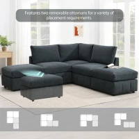 93" Modern Sectional Sofa with Convertible Ottomans and Vertical Stripes, 5-Seat L-Shape Armless Couch Set for Living Room, Dark Gray(m-4)