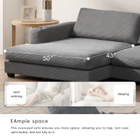 Oversized Corduroy Sectional Sofa with USB Charging Port and Cup Holder, Deep Seat Sofa Bed with 50" Chaise, 134″ L x 54″ W x 25″ H, Gray(m-8)