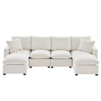 110" Modern U Shape Modular Sofa with 2 Pillows, 6 Seat Chenille Sectional Couch Set, Freely Combinable, 110″ L x 57″ W x 37″ H, White(m-2)