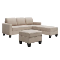 L-Shaped Reversible Sectional Couch with Storage Ottoman and Nailhead Trim, Textured Fabric, 81″ L x 76.5″ W x 35″ H, Warm Grey(m-2)