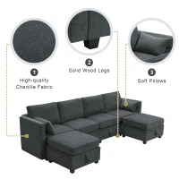 109" U-Shaped Chenille Modular Sectional Sofa with Adjustable Armrests and Backrests, 6-Seat Reversible Sofa, 109″ L x 55″ W x 33″ H, Grey(m-4)