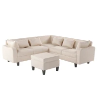 87" Modern Sectional Sofa with Coffee Table, Ottoman, Armrests, 6 Pillows, 6-Seat Couch for Living Room, 87″ L x 87″ W x 30″ H, Beige(m-2)