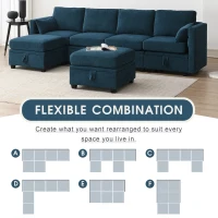 109" U-Shaped Chenille Modular Sectional Sofa with Adjustable Armrests and Backrests, 6-Seat Reversible Sofa, 109″ L x 55″ W x 33″ H, Blue(m-9)