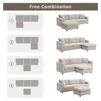 Modern L-Shaped 4-Seat Polyester Fabric Sectional Sofa Set with Convertible Ottoman and 2 Free Pillows, for Living Room, Beige(m-7)