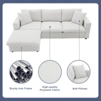 Modern L-Shaped 4-Seat Polyester Fabric Sectional Sofa Set with Convertible Ottoman and 2 Free Pillows, for Living Room, White(m-4)