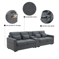 114.5" Modern Linen Fabric Upholstered Sofa with Console, 2 Cupholders, USB Ports, 4 Pillows, 4-Seat, 114.5″ L x 33″ W x 35″ H, Dark Gray(m-4)