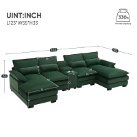 123" Modern U-Shaped 6-Seat Upholstered Sleeper Sofa Set with Console, Cupholders, USB Ports, and Chaise, 123″ L x 55″ W x 33″ H, Green(m-3)