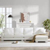 119" x 55" Modern Oversized Sectional Sofa with 2 Free Pillows and Chaise, L-Shaped 5-Seat Chenille Indoor Furniture for Living Room, White(m-1)