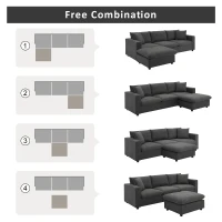 Modern L-Shaped 4-Seat Polyester Fabric Sectional Sofa Set with Convertible Ottoman and 2 Free Pillows, for Living Room, Dawn Gray(m-7)