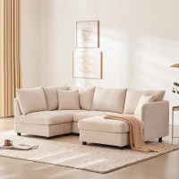 89" x 79" Modern Sectional Sofa with Vertical Stripes and 2 Pillows, 5-Seat Couch with Convertible Ottoman, for Living Room, Beige(m-9)
