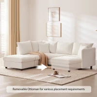 89" x 79" Modern Sectional Sofa with Vertical Stripes and 2 Pillows, 5-Seat Couch with Convertible Ottoman, for Living Room, White(m-4)