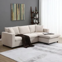 Modern L-Shaped 4-Seat Polyester Fabric Sectional Sofa Set with Convertible Ottoman and 2 Free Pillows, for Living Room, Beige(m-1)