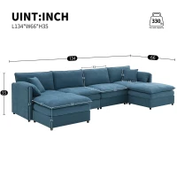 134" Chenille Modular Sectional 6 Seat Sleeper Sofa Bed with Ottomans, Double Cushions, for Living Room, 134″ L x 66″ W x 35″ H, Blue(m-3)