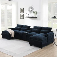 123" Modern U-Shaped 6-Seat Upholstered Sleeper Sofa Set with Console, Cupholders, USB Ports, and Chaise, 123″ L x 55″ W x 33″ H, Blue(m-1)
