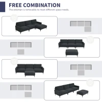 103.5" Modern L-Shaped 4-Seat Velvet Fabric Sectional Sofa Set with Convertible Ottoman, Freely Combinable for Living Room, Dark Grey(m-8)