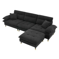 106" L-Shaped Convertible Tufted Sectional Sofa with 4-Seat, Adjustable Legs, Movable Ottoman for Living Room, 106″ L x 66.5″ W x 34″ H, Black(m-13)