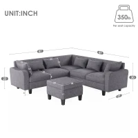87" Modern Sectional Sofa with Coffee Table, Ottoman, Armrests, 6 Pillows, 6-Seat Couch for Living Room, 87″ L x 87″ W x 30″ H, Gray(m-3)