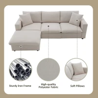 Modern L-Shaped 4-Seat Polyester Fabric Sectional Sofa Set with Convertible Ottoman and 2 Free Pillows, for Living Room, Beige(m-4)