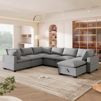 120" x 93" Modern U-Shape Modular Sofa with Storage Ottoman and 2 Pillows, 7-Seat Freely Combinable Furniture for Living Room, Gray(m-10)
